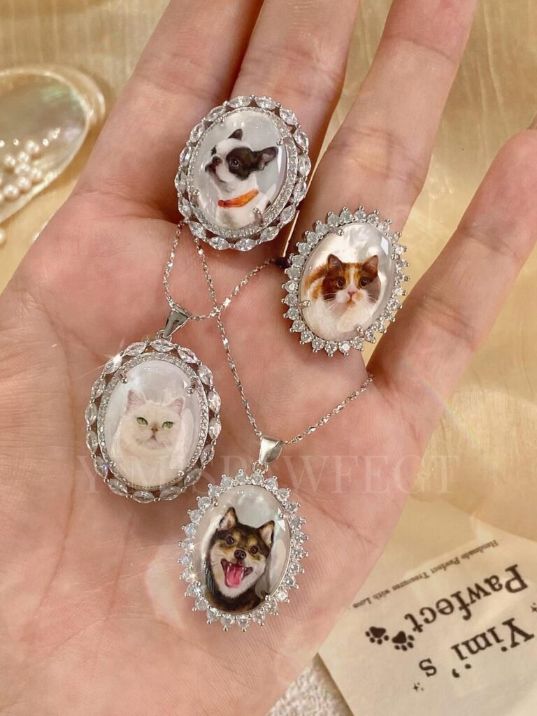 Personalized Pet Lover Jewelry – Miniature Handpainted Cat Dog Portrait Natural Mother-of-Pearl 925 Silver Custom Memento Gift Necklace and ring