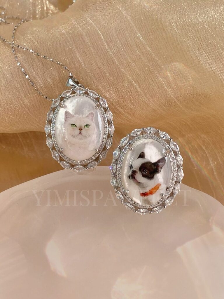 Personalized Pet Lover Jewelry – Miniature Handpainted Cat Dog Portrait Natural Mother-of-Pearl 925 Silver Custom Memento Gift Necklace and ring