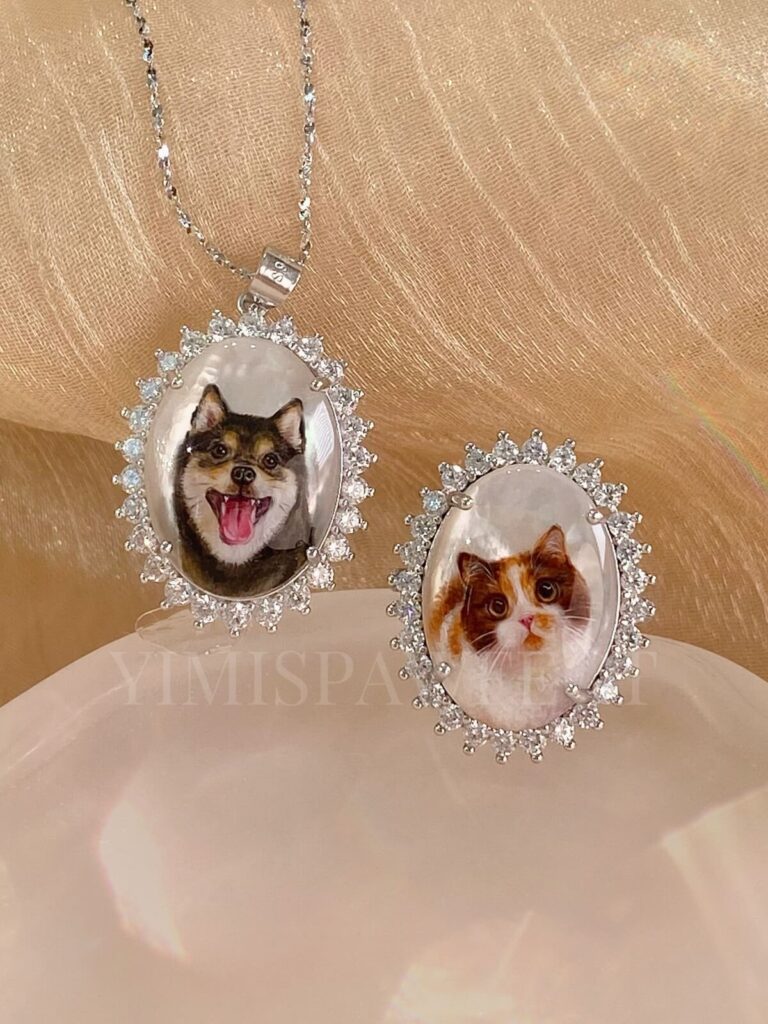 Personalized Pet Lover Jewelry – Miniature Handpainted Cat Dog Portrait Natural Mother-of-Pearl 925 Silver Custom Memento Gift Necklace and ring