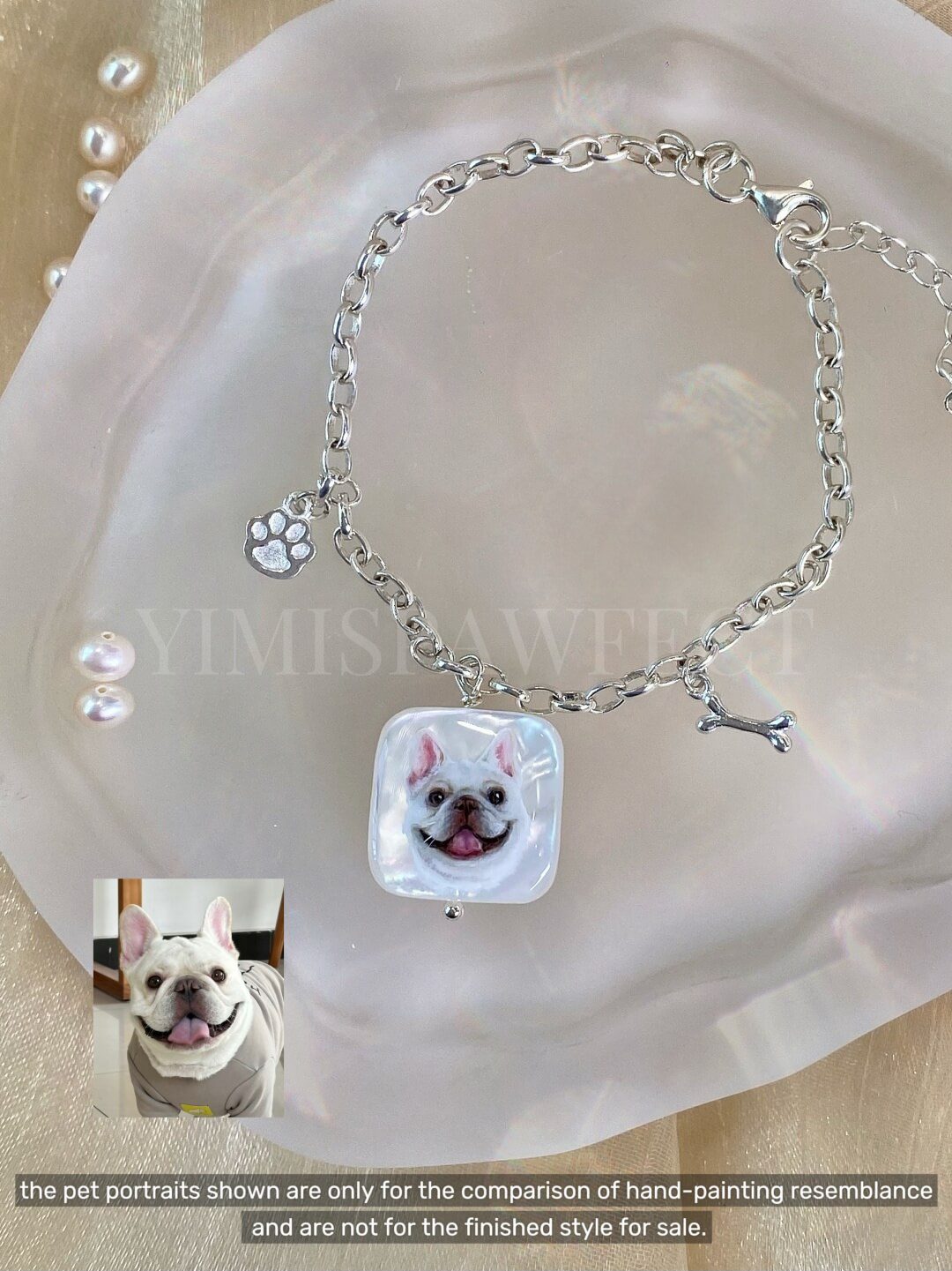 Natural Mother-of-Pearl Pet Memento Jewelry – Custom Miniature Handpainted French Bulldog Portrait 925 Silver Gift Bracelet for Pet Lovers