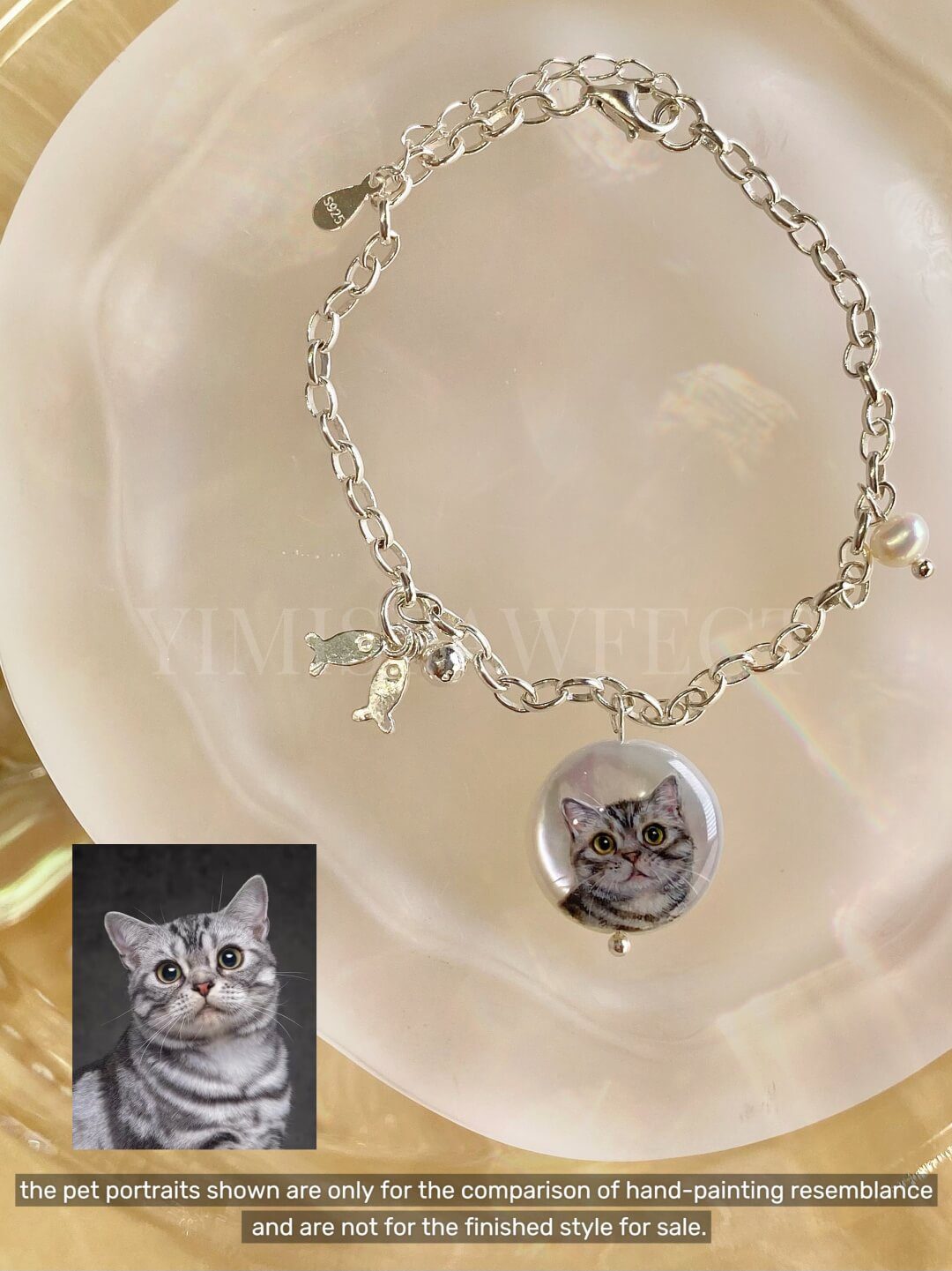 Natural Mother-of-Pearl Pet Memento Jewelry – Custom Miniature Handpainted Tabby Cat Portrait 925 Silver Gift Bracelet for Pet Lovers