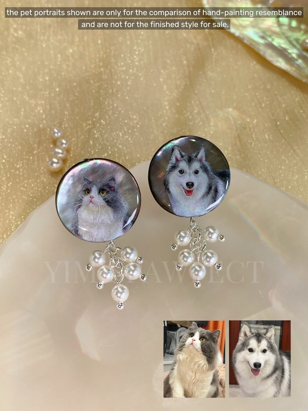 925 Sterling Silver Ear Pin Custom Fur Baby Jewelry – Miniature Handpainted Dog and Cat Portrait Mother-of-Pearl Keepsake Gift Earrings