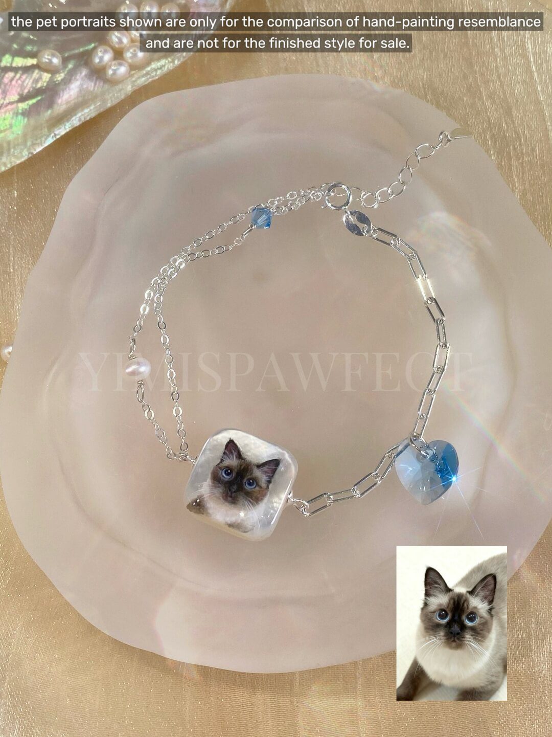 925 Sterling Silver Custom Fur Baby Jewelry – Miniature Handpainted Siamese Cat Portrait Mother-of-Pearl Keepsake Gift Bracelet
