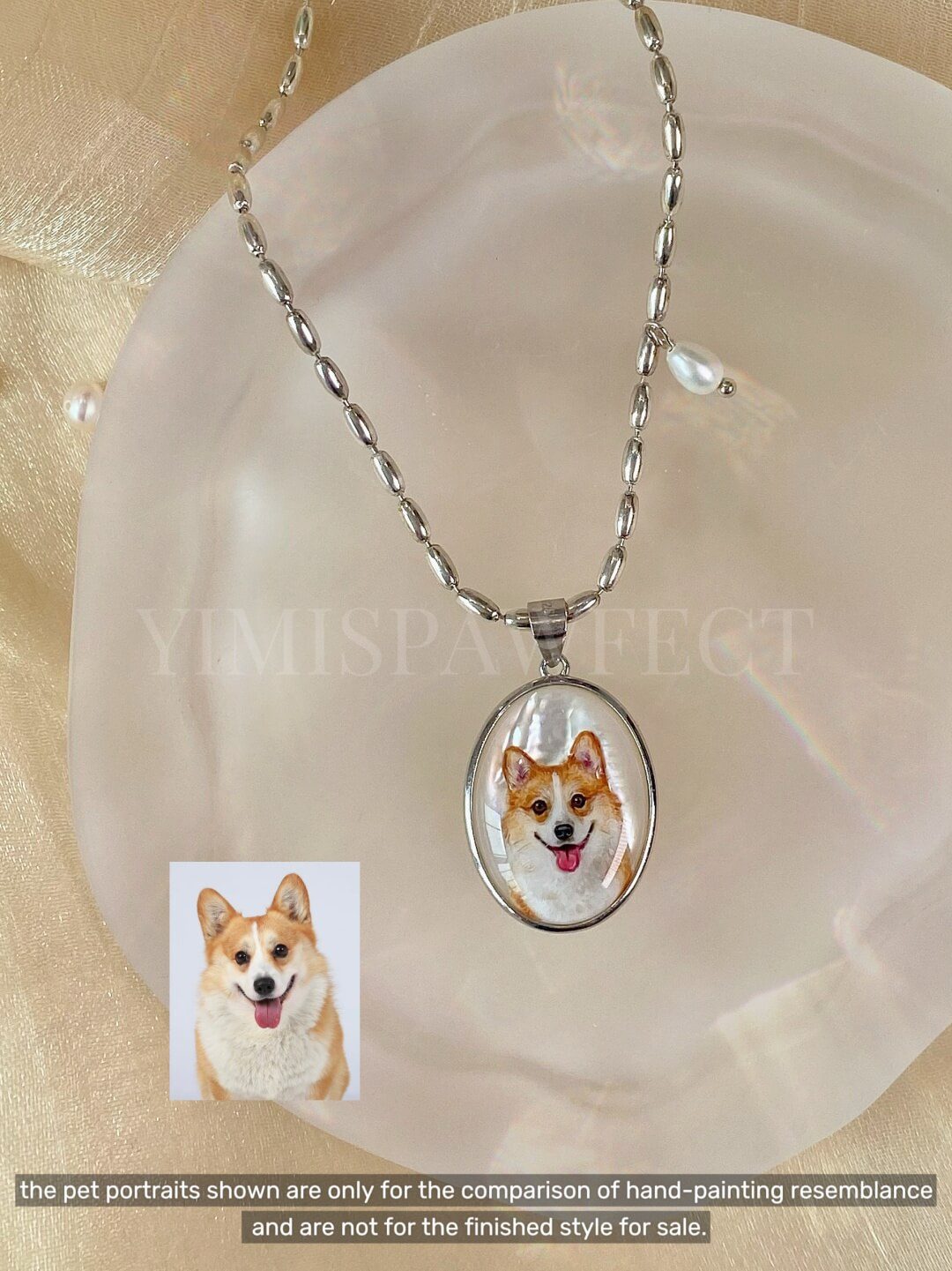 Personalized Corgi Dog Portrait Pet Memento Gift Jewelry – Miniature Handpainted Natural Mother-of-Pearl 925 Silver Necklace