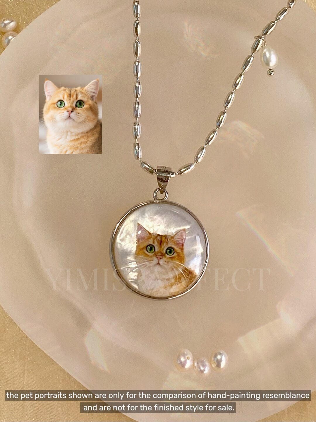 Personalized Golden Shorthair Cat Portrait Pet Memento Gift Jewelry – Miniature Handpainted Natural Mother-of-Pearl 925 Silver Necklace